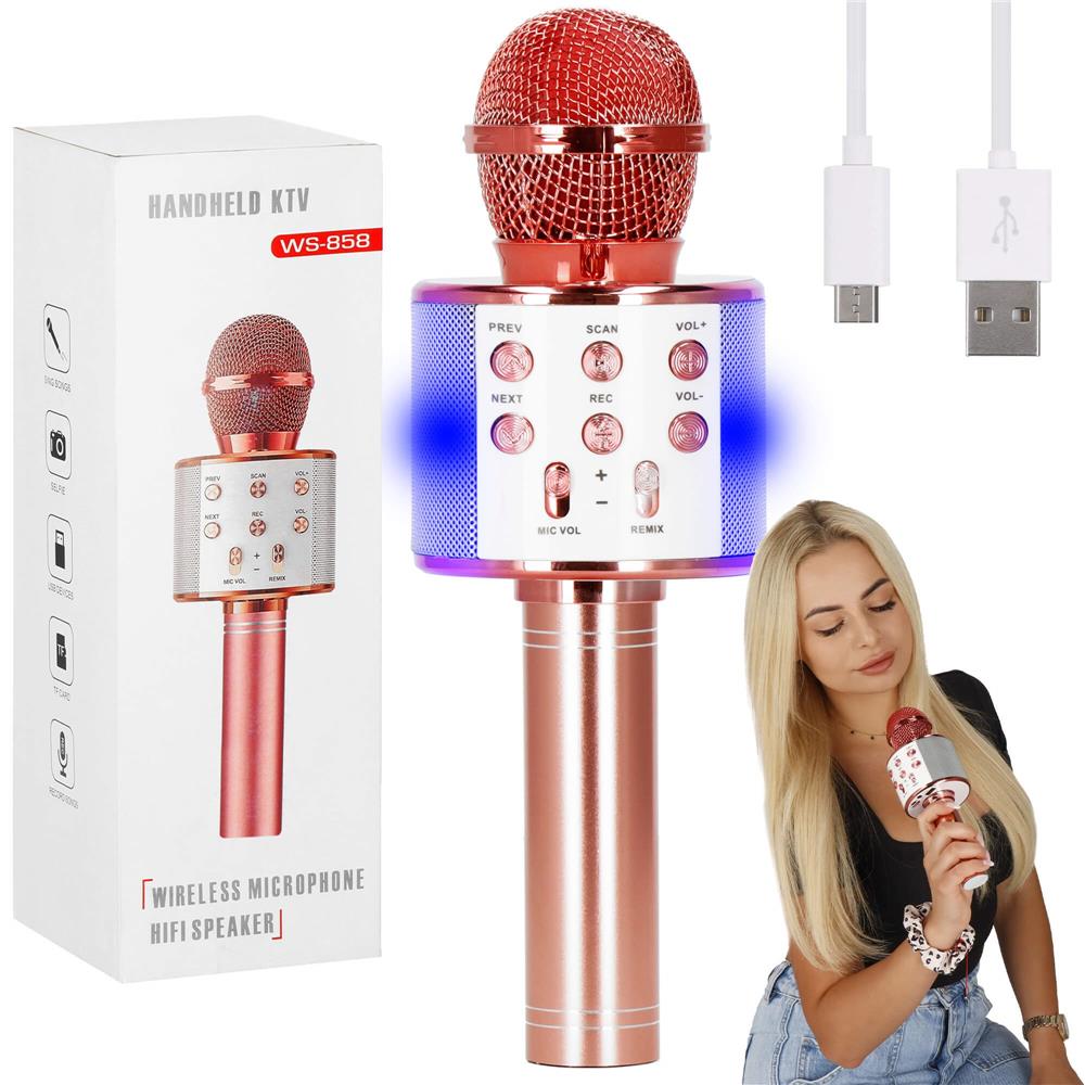 Microfon karaoke copii, wireless, cu acumulator, compatibil iOS si Android, functie de schimbare a vocii, roz