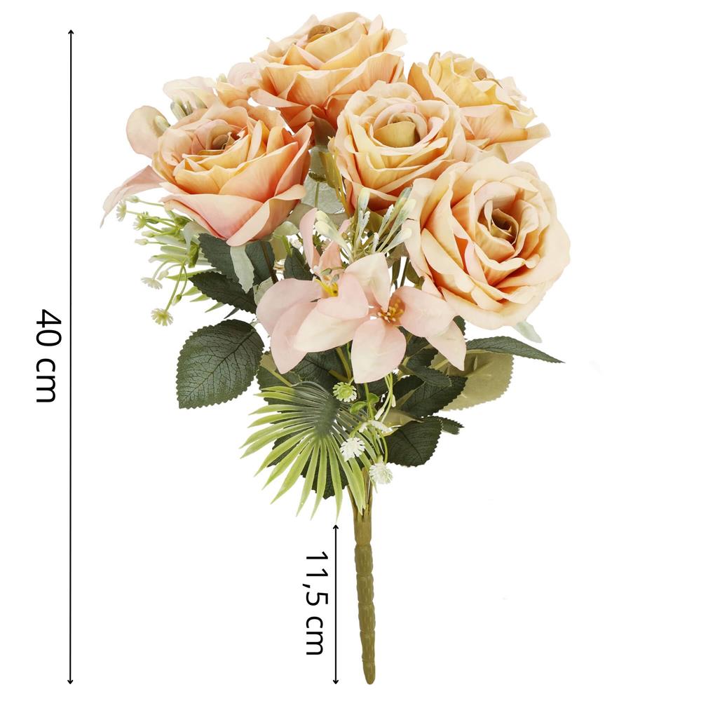 Buchet de flori artificiale din poliester, 9 fire trandafiri, 40cm, roz