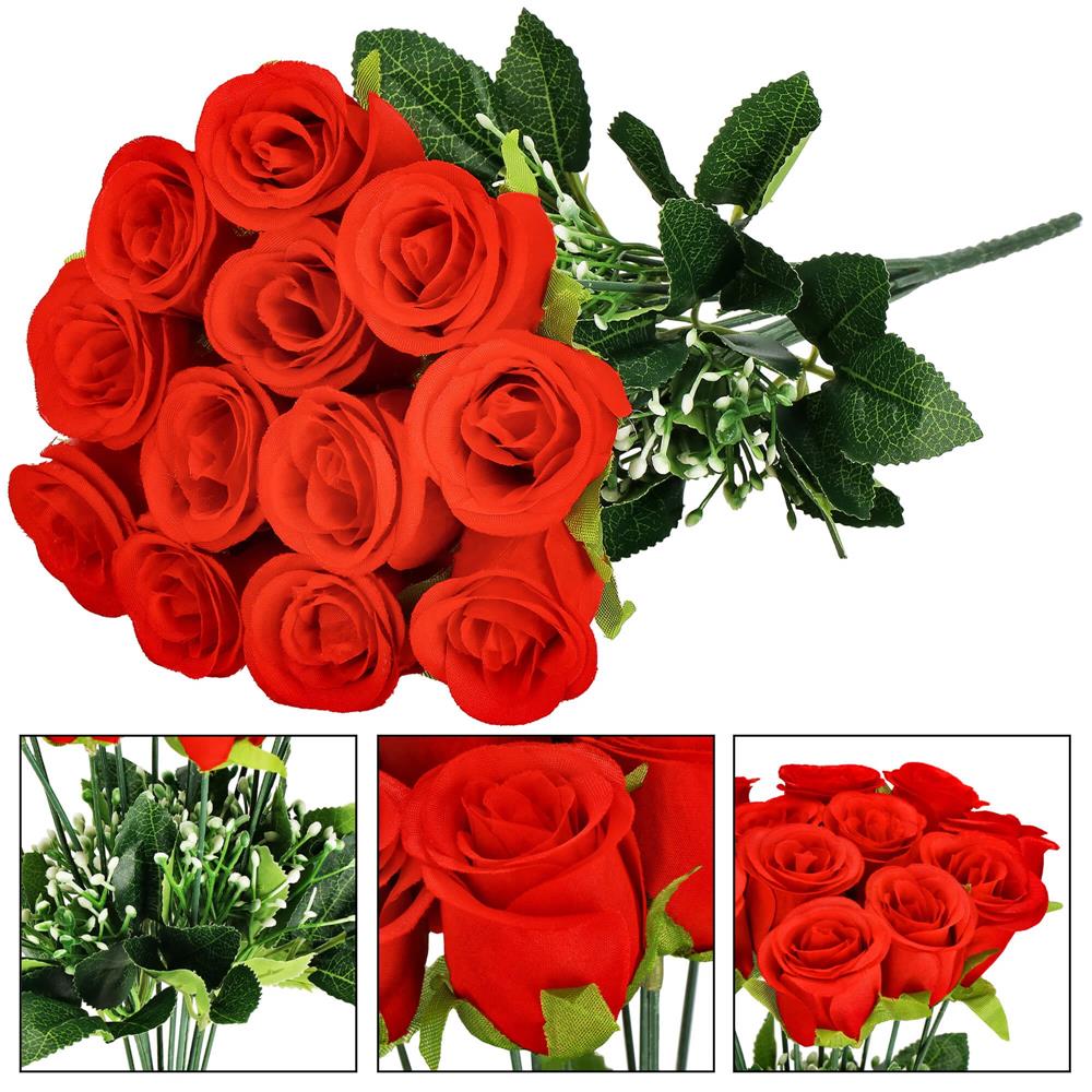 Buchet de flori artificiale din poliester, 12 fire trandafiri, 38cm, rosu