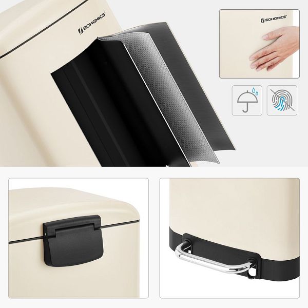 SONGMICS Cos de gunoi din otel cu pedala, 30litri, cu galeata interioara si capac, soft close, 34x61x25 cm, bej