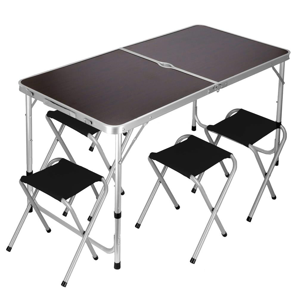 Set masa camping pliabila blat MDF cu 4 scaune, 120x60x60/70cm, Maro Negru