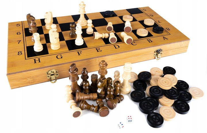 Joc sah si table din lemn, 48x48 cm, toate piesele incluse, maro