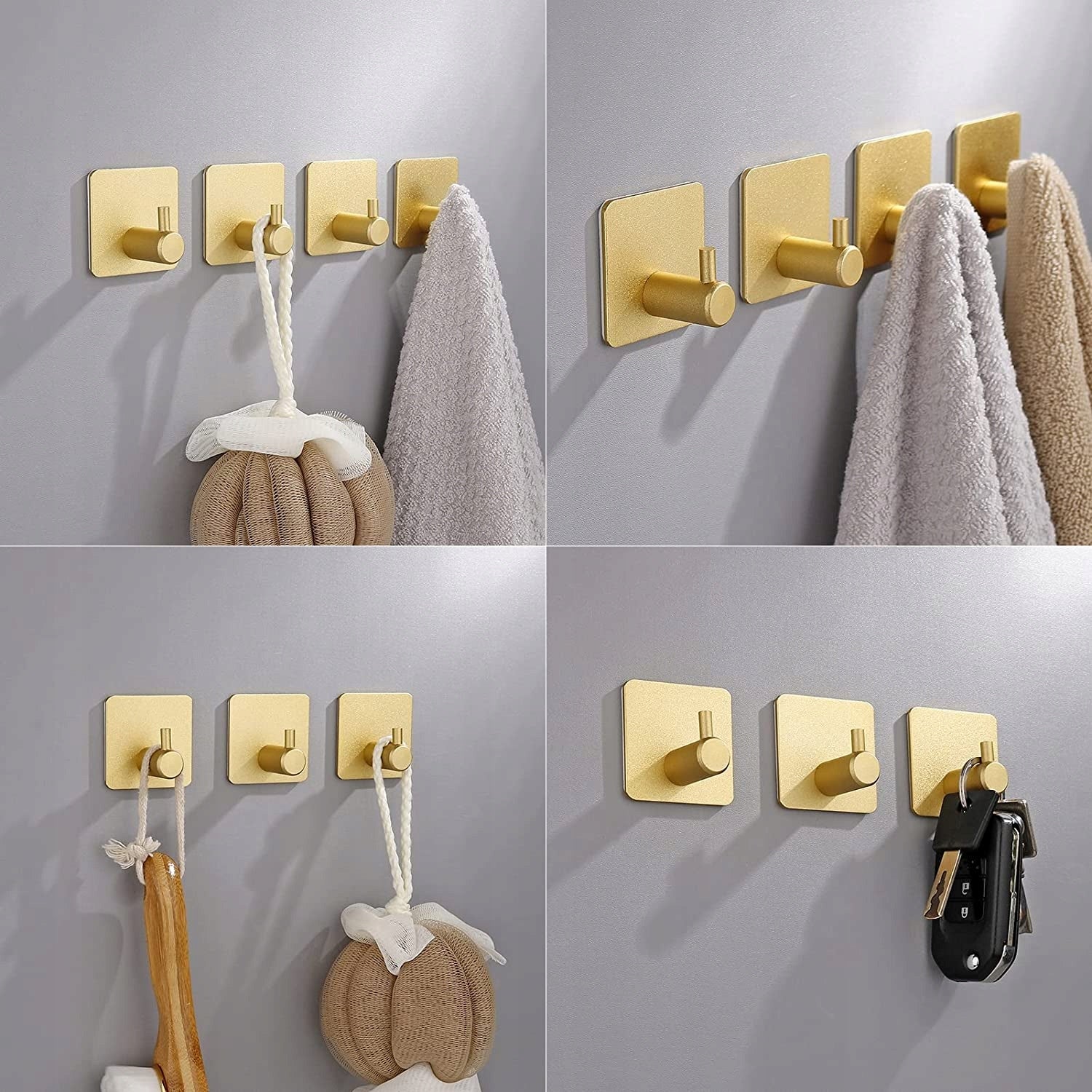 Set 4 agatatori tip cuier pentru baie, sistem fixare inclus, aluminiu, auriu