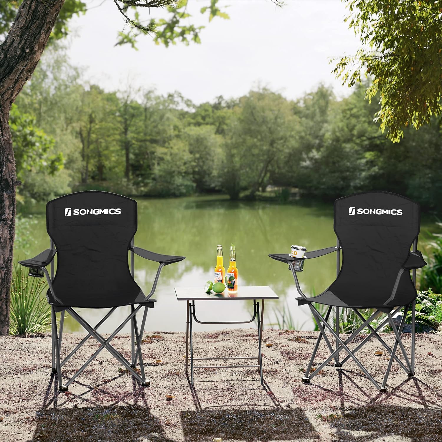 SONGMICS Set 2 scaune pliabile de camping sau pescuit, suport pahar, maxim 150kg, negru