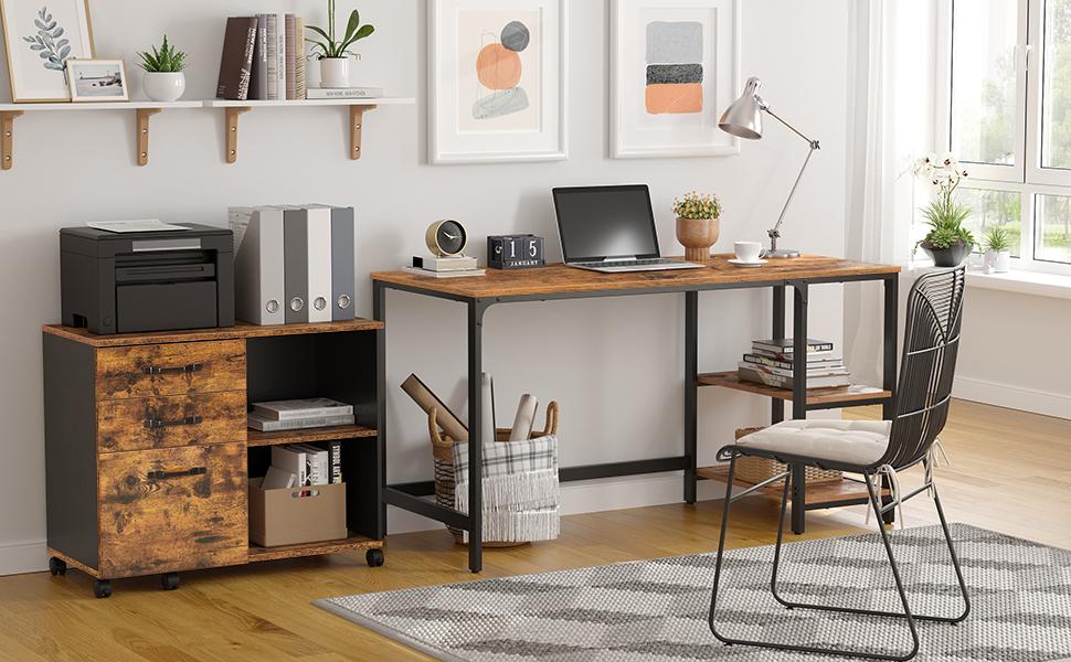 VASAGLE Dulap mobil tip rollbox pentru birouri, sertar cu sina suport dosare, stil industrial, 40x80x66 cm, maro rustic