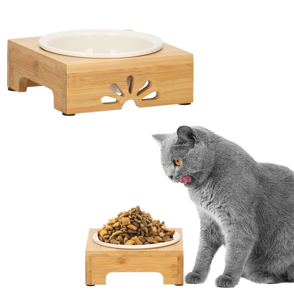 Castron ceramica, bol, pentru caine sau pisica, cu suport din bambus, 15cm
