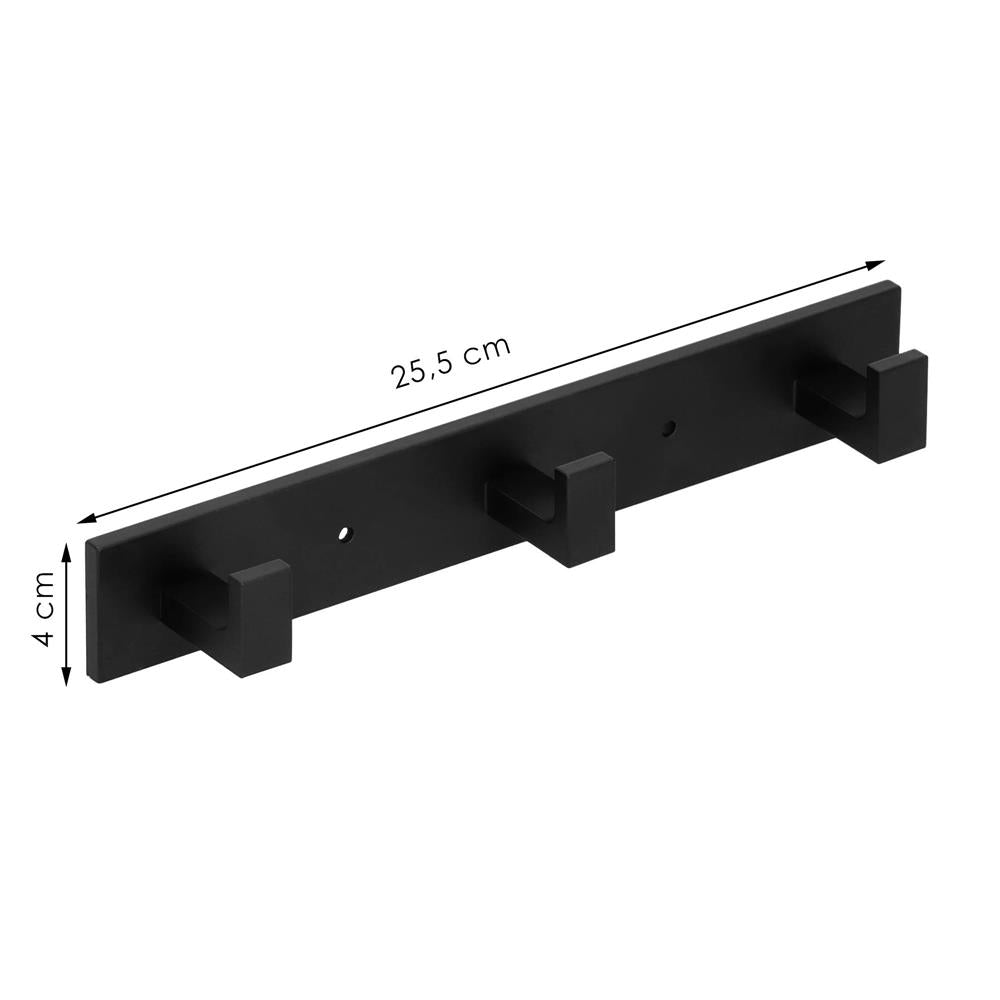 Cuier de baie pentru prosoape cu 2 sisteme instalare, aluminiu, 3 agatatori, 25x4cm, negru