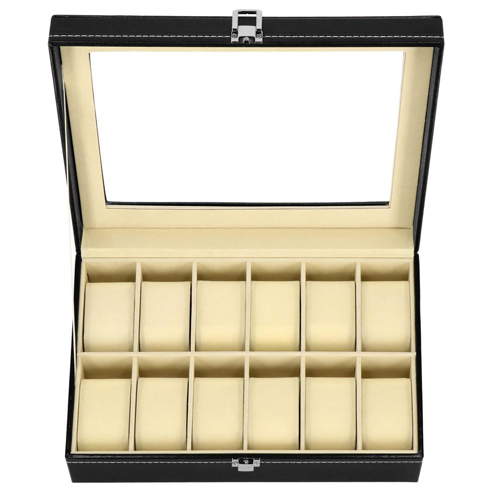 Cutie depozitare si organizare ceasuri, MDF, piele ecologica, 30x20x8cm, negru interior crem