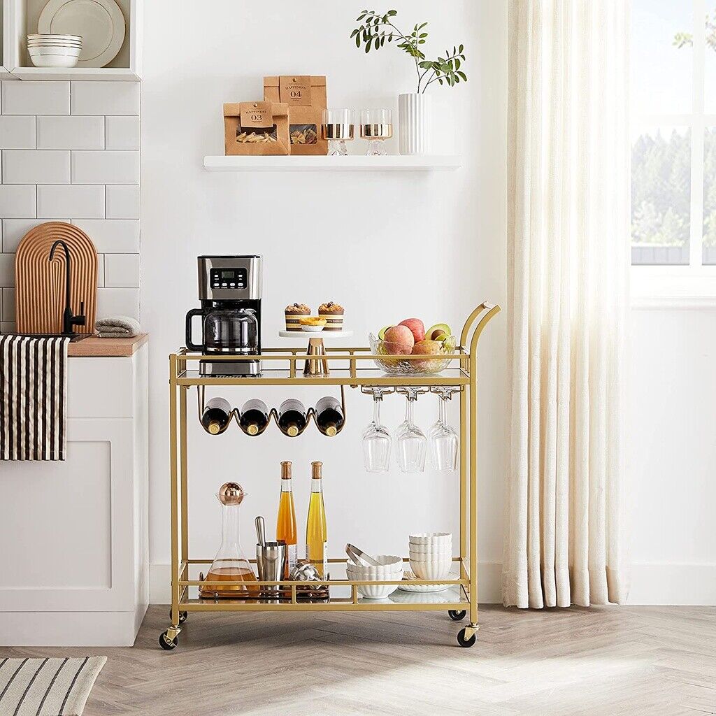 VASAGLE Carucior de servire pentru vin, suport sticle si pahare, cu 2 rafturi din sticla, 38x86x90cm, auriu