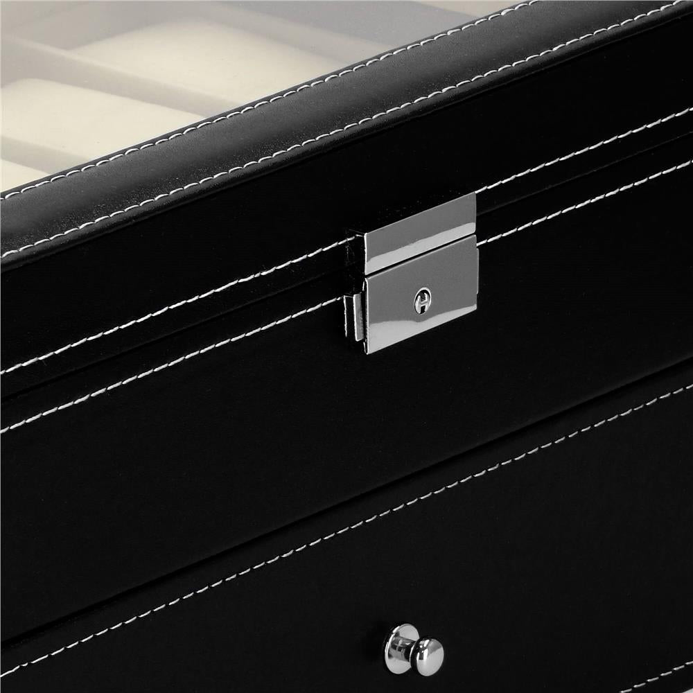 Cutie depozitare si organizare ceasuri, MDF, piele ecologica, 28x20x16,5cm, negru interior crem