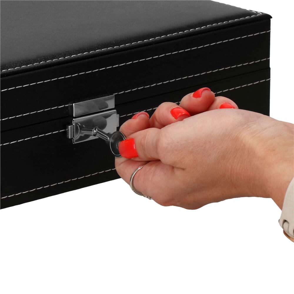Cutie depozitare si organizare ceasuri si alte accesorii, MDF, piele ecologica, 30x20x8cm, negru