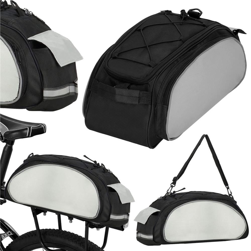 Geanta portbagaj bicicleta, 1 compartiment si 3 buzunare laterale, 40x20x17cm, negru cu elemente reflectorizante gri