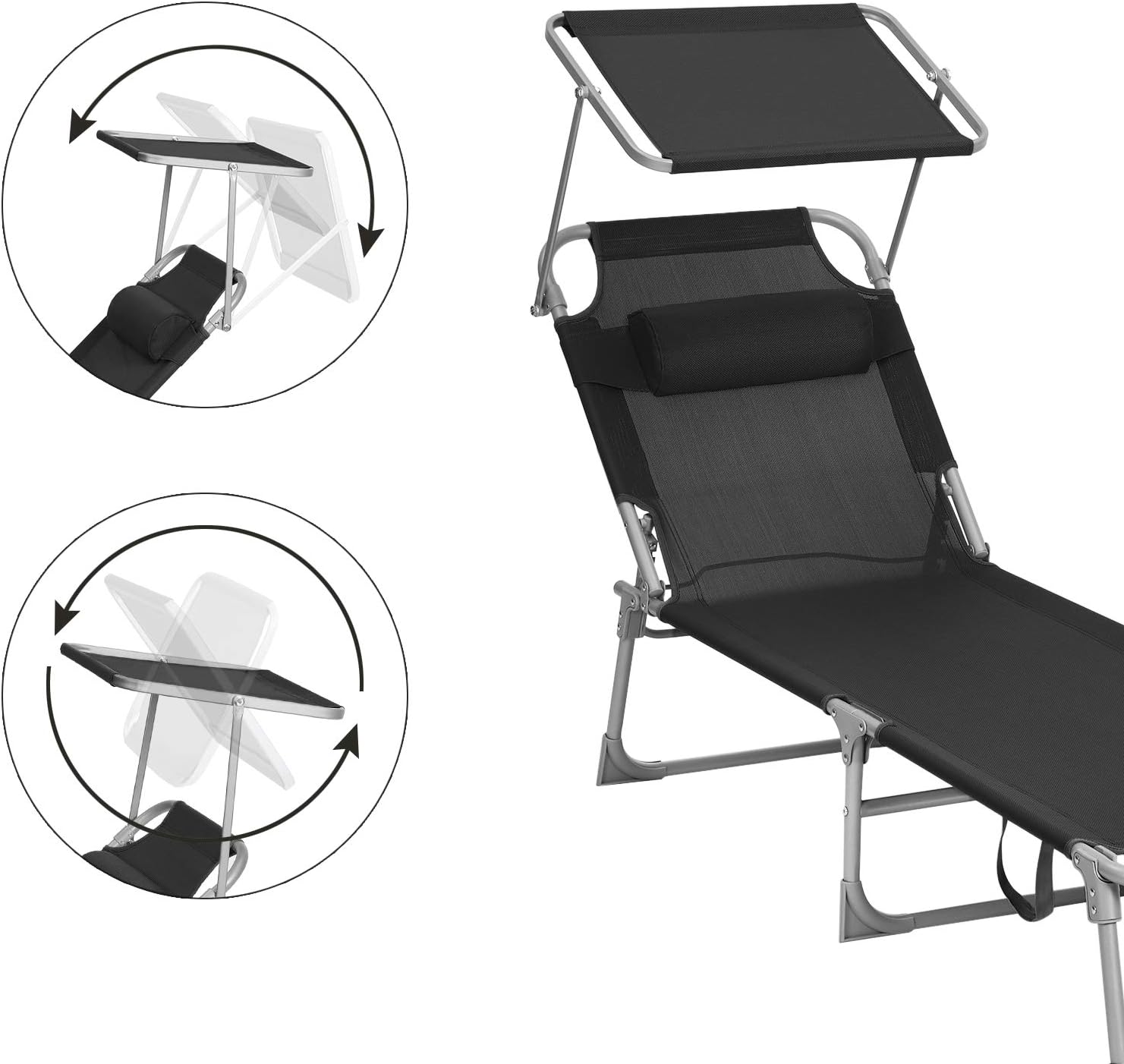 SONGMICS Sezlong pliabil, cu parasolar si tetiera, spatar reglabil in 4 pozitii, maxim 150kg, 193x53x29cm, negru