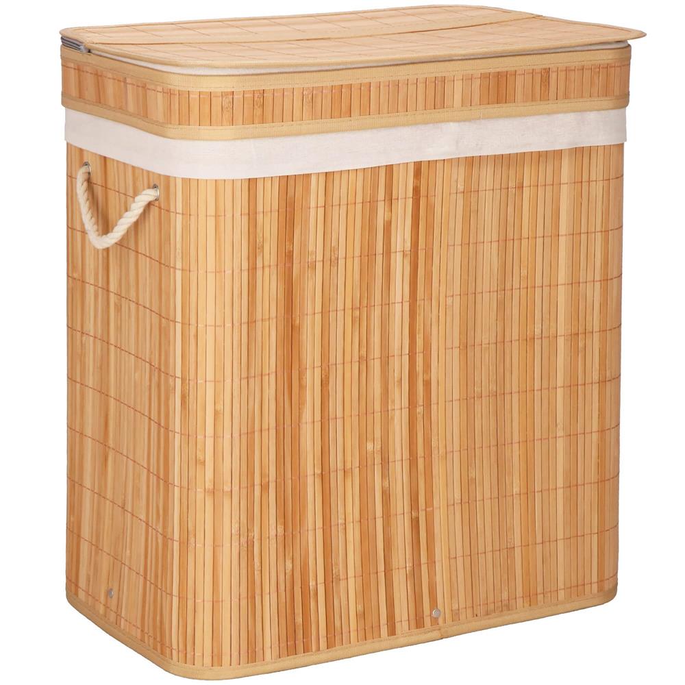 Cos de rufe din bambus cu capac, 2 compartimente, sac detasabil, volum 100L, 53x32x62cm, maro