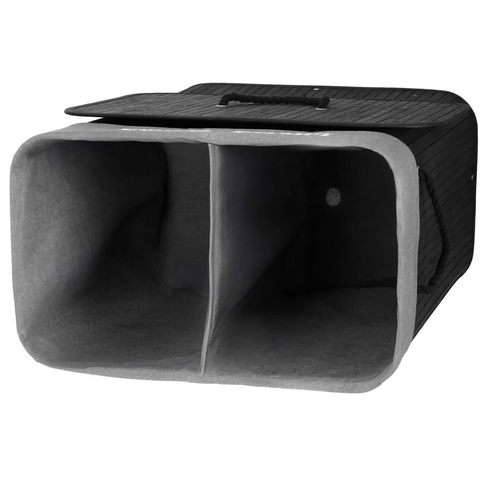 Cos de rufe din bambus cu capac, 2 compartimente, sac detasabil, volum 100L, 54x34x60cm, negru
