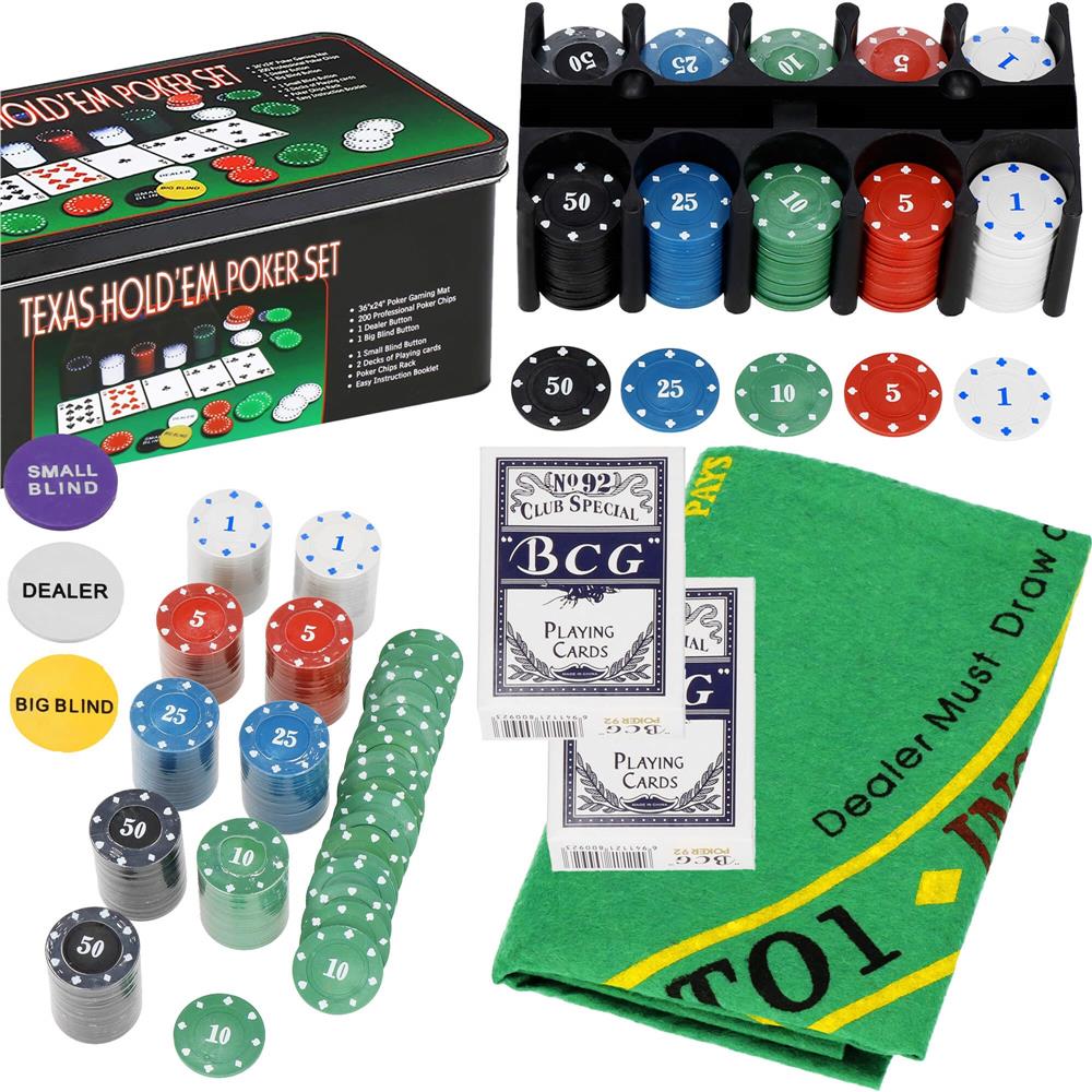 Set de Poker Complex cu 200 de jetoane, covoras verde, 2 seturi de carti, in cutie metalica