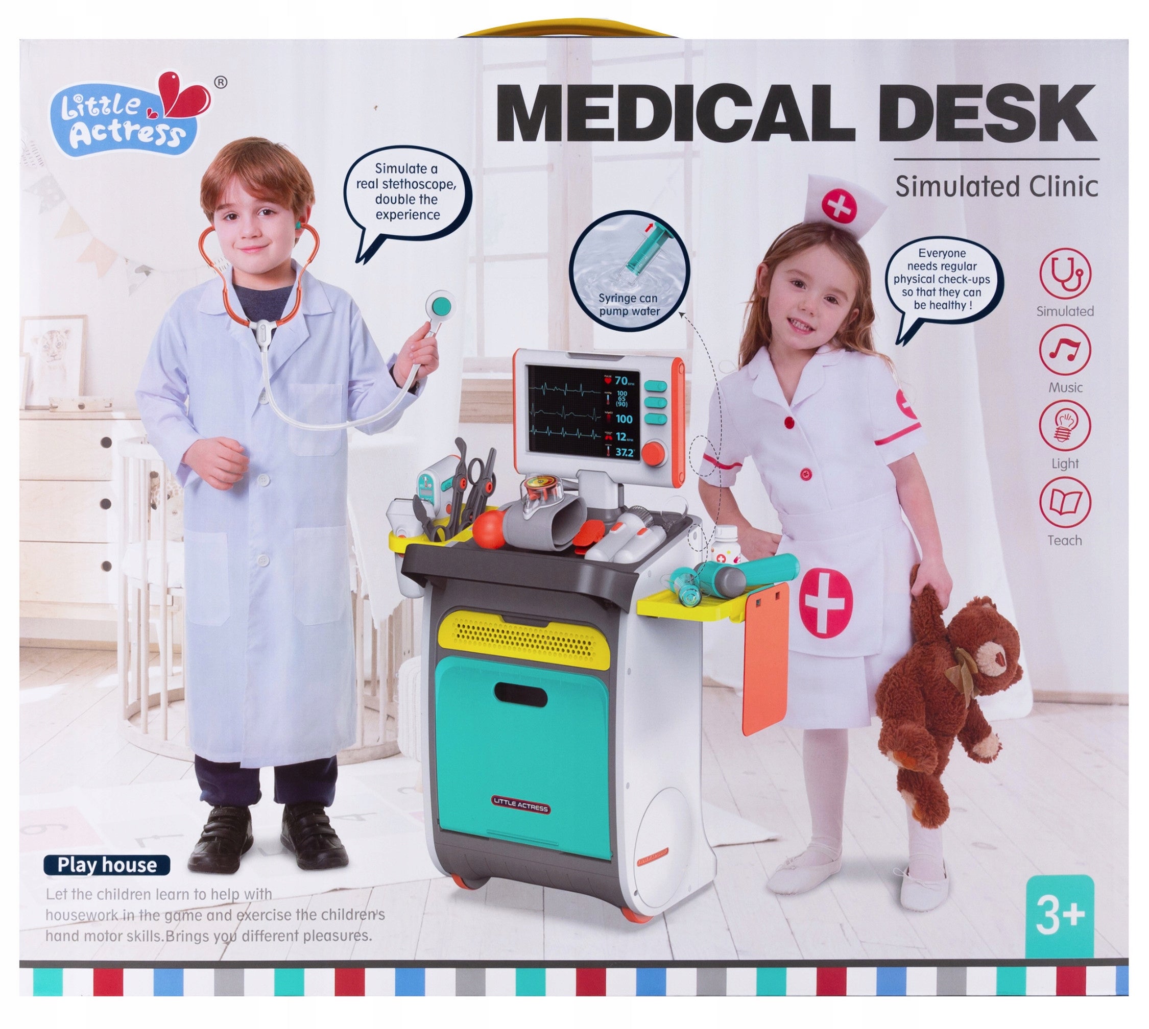 Set de joaca, carucior medical cu aparatura si instrumente, cu sunete si lumini