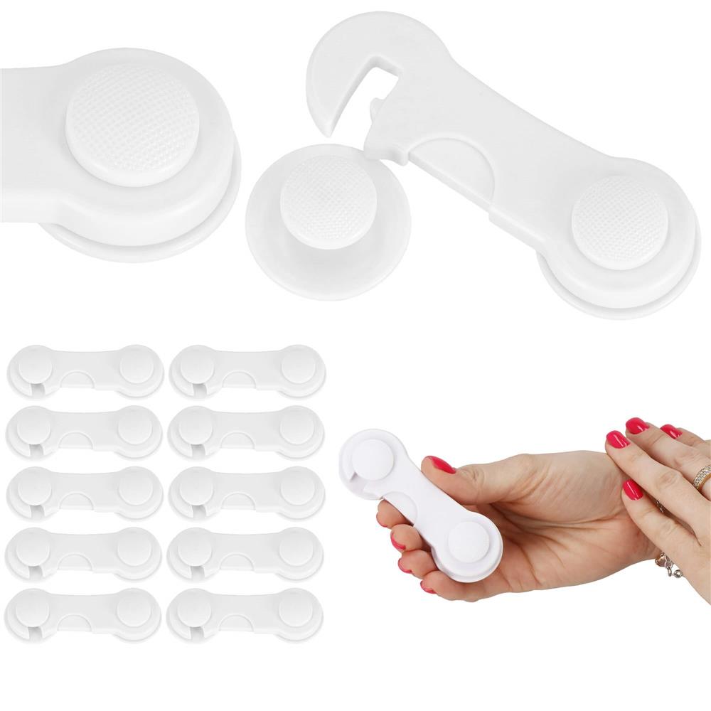 Set 10 sigurante blocator sertare si usi, plastic rezistent, fixe, 9.5 cm, alb