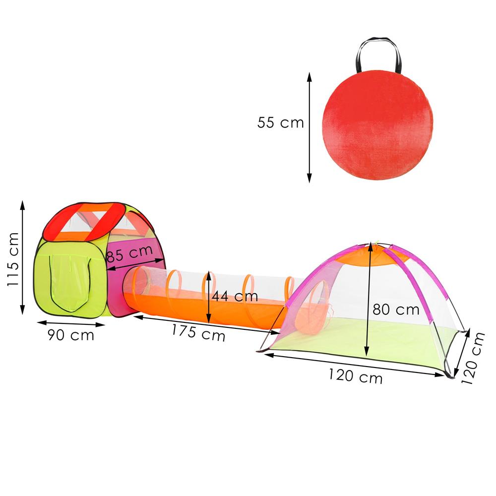 Loc de joaca 3 in 1 pentru copii, multifunctional, casuta, tunel si cort, 385x120x115cm, multicolor