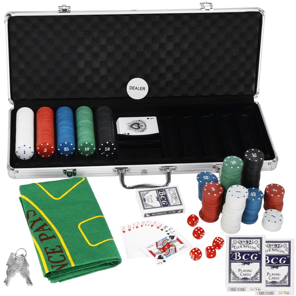 Set de Poker Complex cu 500 de jetoane, covoras verde, 2 seturi de carti, 5 zaruri, in servieta aluminiu