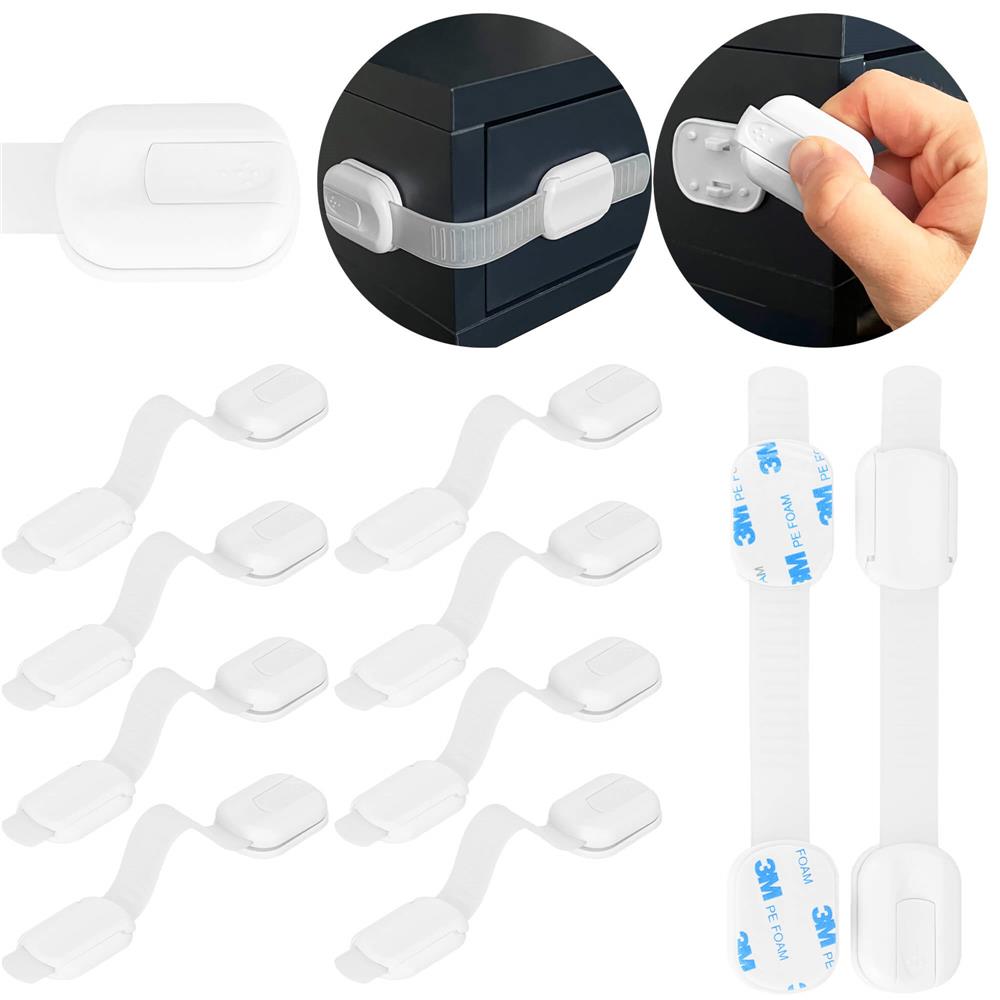 Set 8 sigurante blocator sertare si usi, plastic si silicon, ajustabile, 19 cm, alb