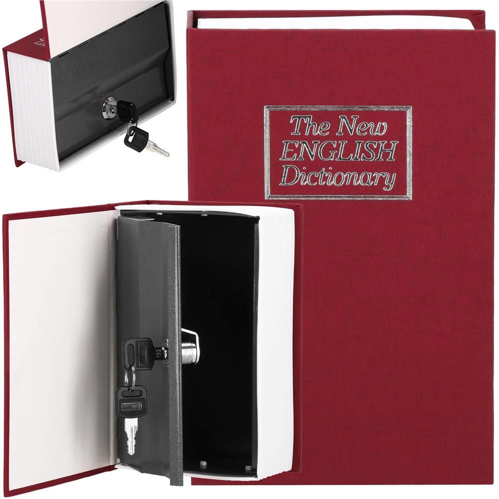 Caseta de valori, cutie metalica cu cheie, portabila, tip carte, Dictionar, burgundy, 26.5x20x6.5 cm