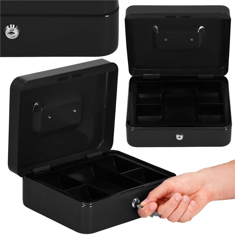Caseta pentru bani tip cutie de valori, compartimentanta, cu cheie, metal, 30x24x9cm, negru