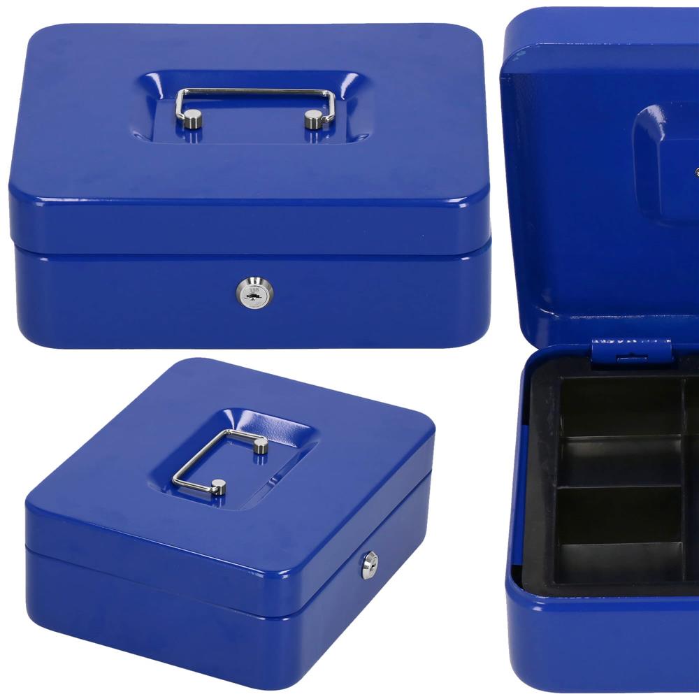 Caseta pentru bani tip cutie de valori, compartimentanta, cu cheie, metal, 20x16x9cm, albastru