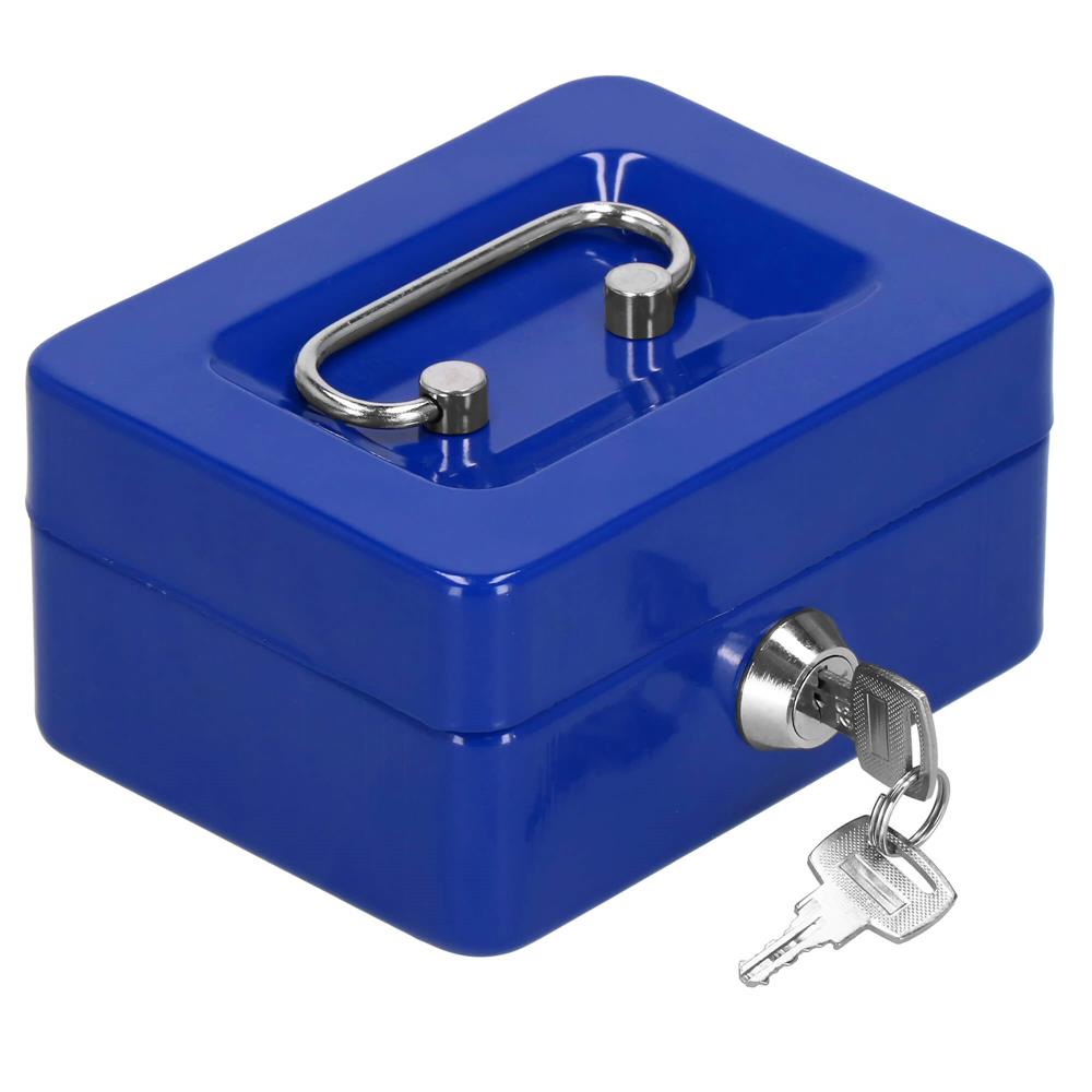 Caseta pentru bani tip cutie de valori, compartimentanta, cu cheie, metal, 12.5x9.5x6.5cm, albastru