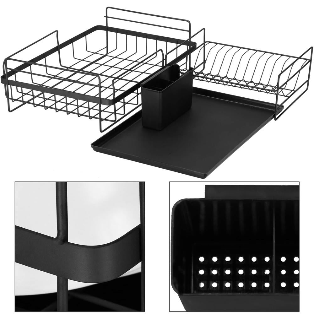 Uscator de vase cu suport tacamuri, din otel, pe 2 nivele, cu tava de scurgere, 50x30x24cm, negru