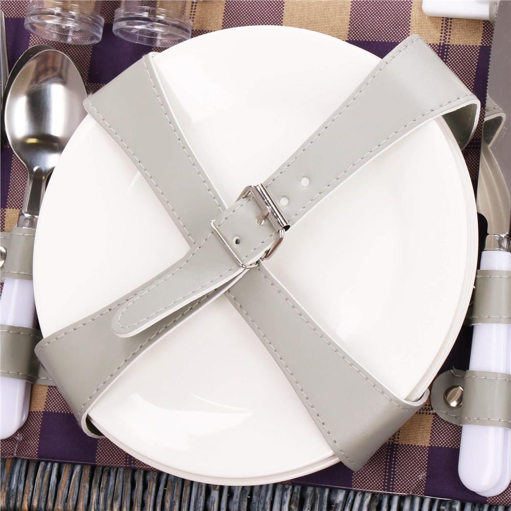 Cos de picnic echipat pentru 4 persoane Deluxe, din rachita, cu vesela si tacamuri, izolat termic, gri