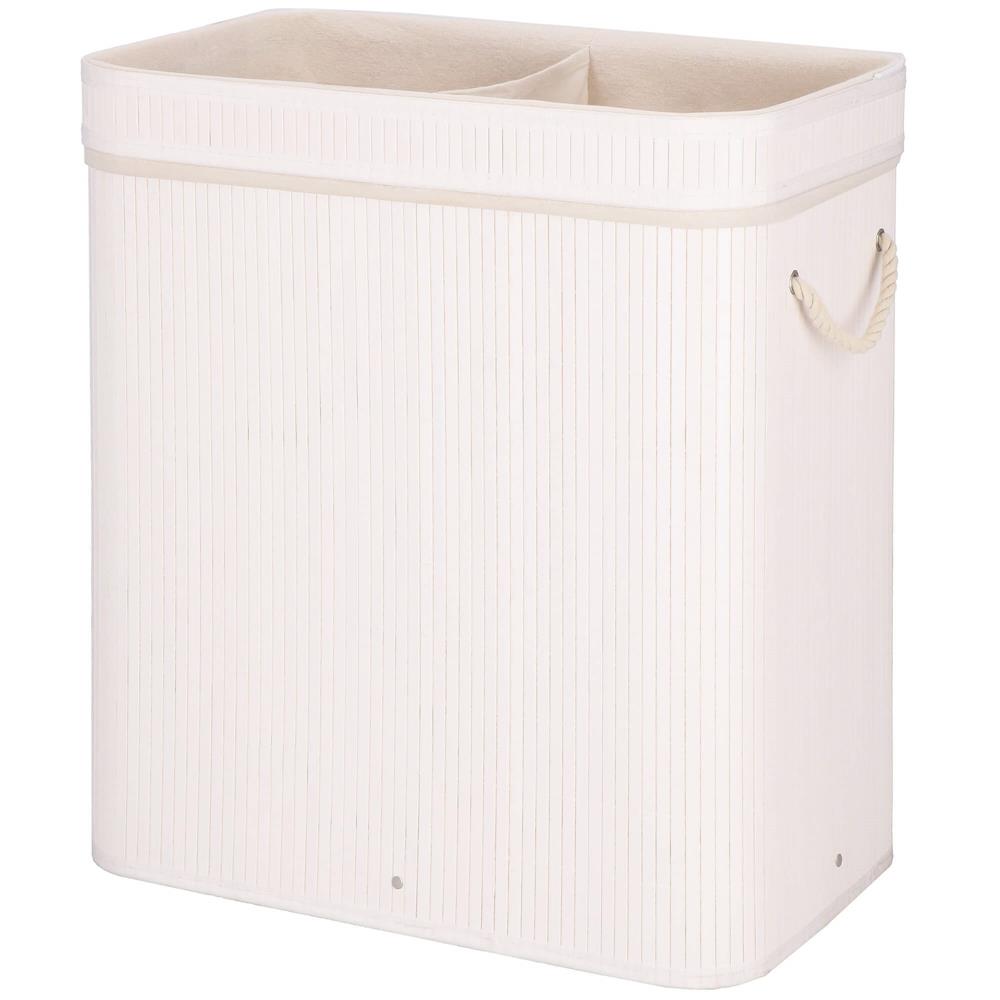 Cos de rufe din bambus cu capac, 2 compartimente, sac detasabil, volum 100L, 54x35x60cm, alb - 16
