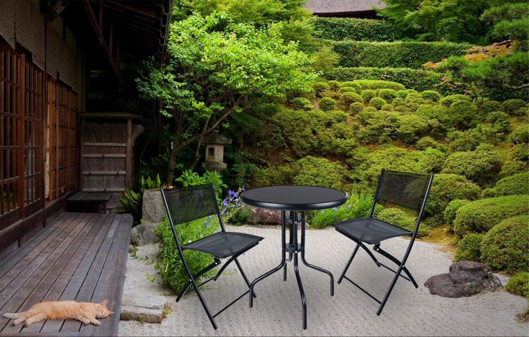 Set mobilier gradina Oneiro, 2 scaune pliabile, 1 masa, negru