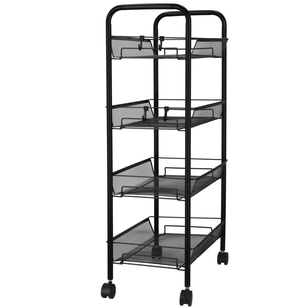 Raft metalic mobil tip carucior pentru bucatarie, 4 polite si 4 agatatori, negru, 44x26x85cm
