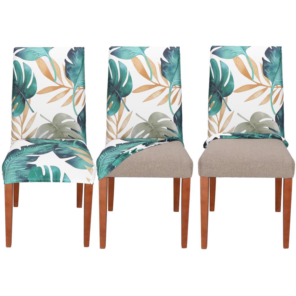 Set 4 huse pentru scaun, marime universala, poliester si spandex, 38x70cm, verde cu model floral