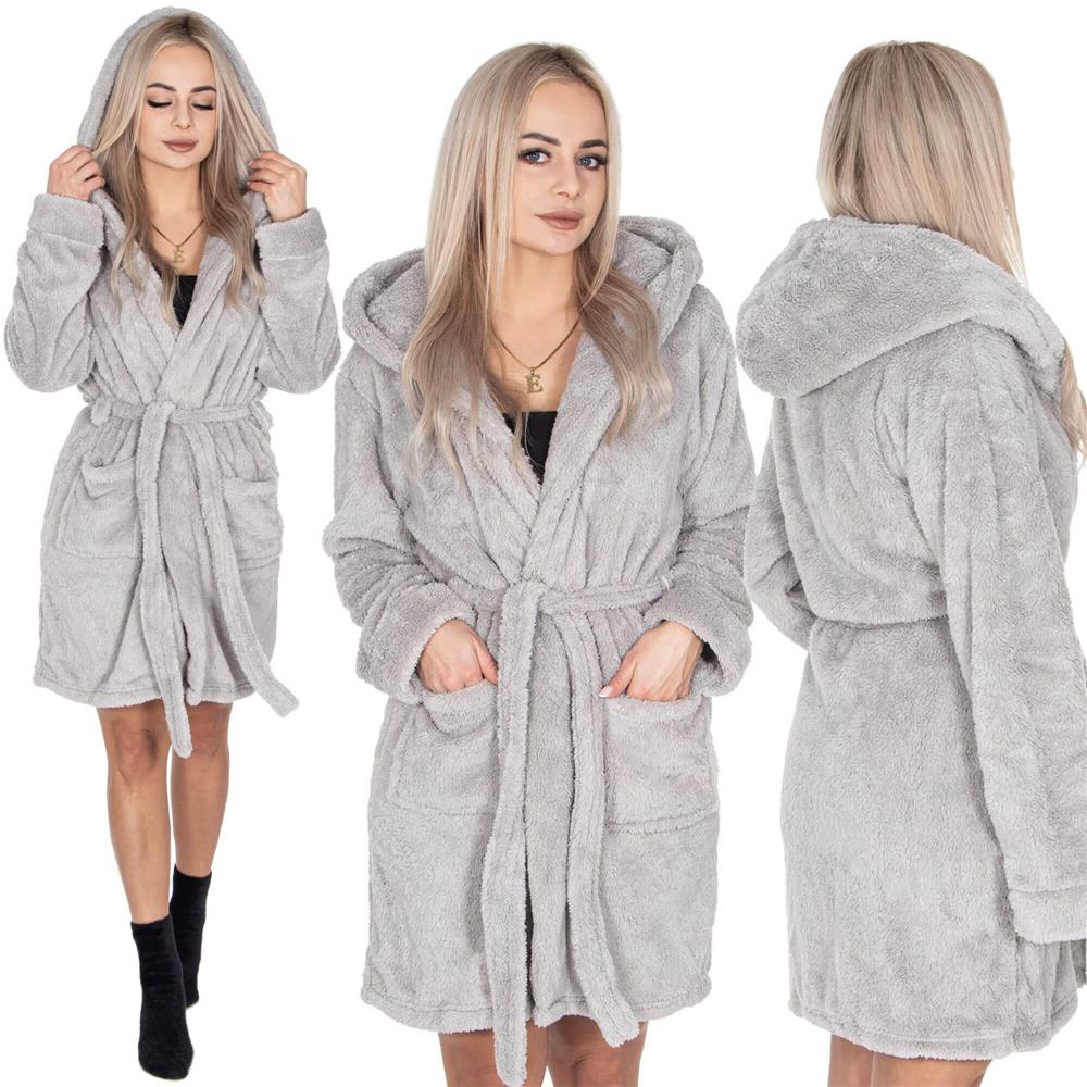 Halat de baie pentru femei pana la genunchi, cu gluga, marimea L/XL, gri