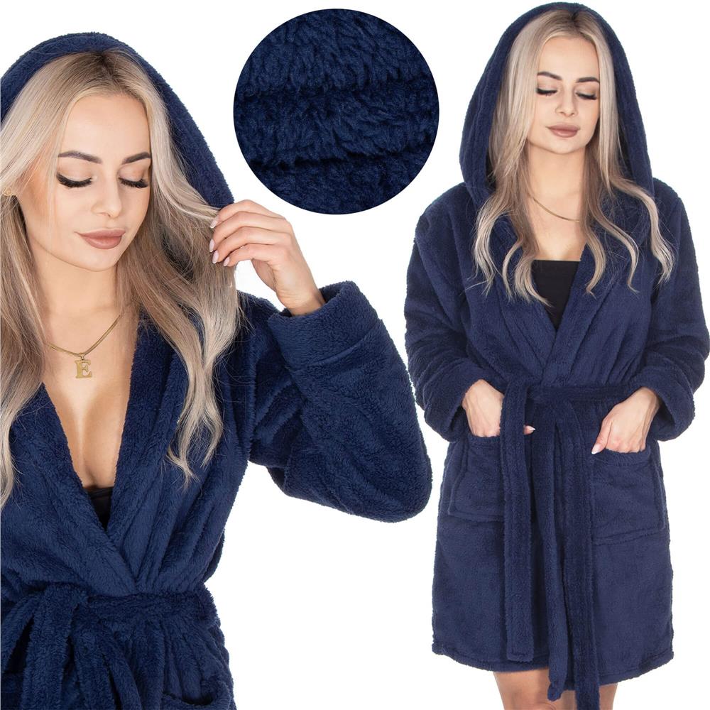 Halat de baie pentru femei pana la genunchi, cu gluga, marimea L/XL, albastru marin