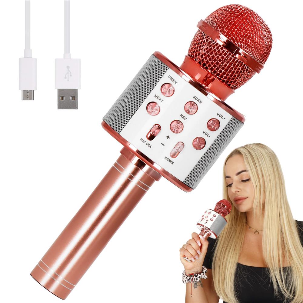 Microfon karaoke copii, wireless, cu acumulator, compatibil iOS si Android, functie de schimbare a vocii, roz