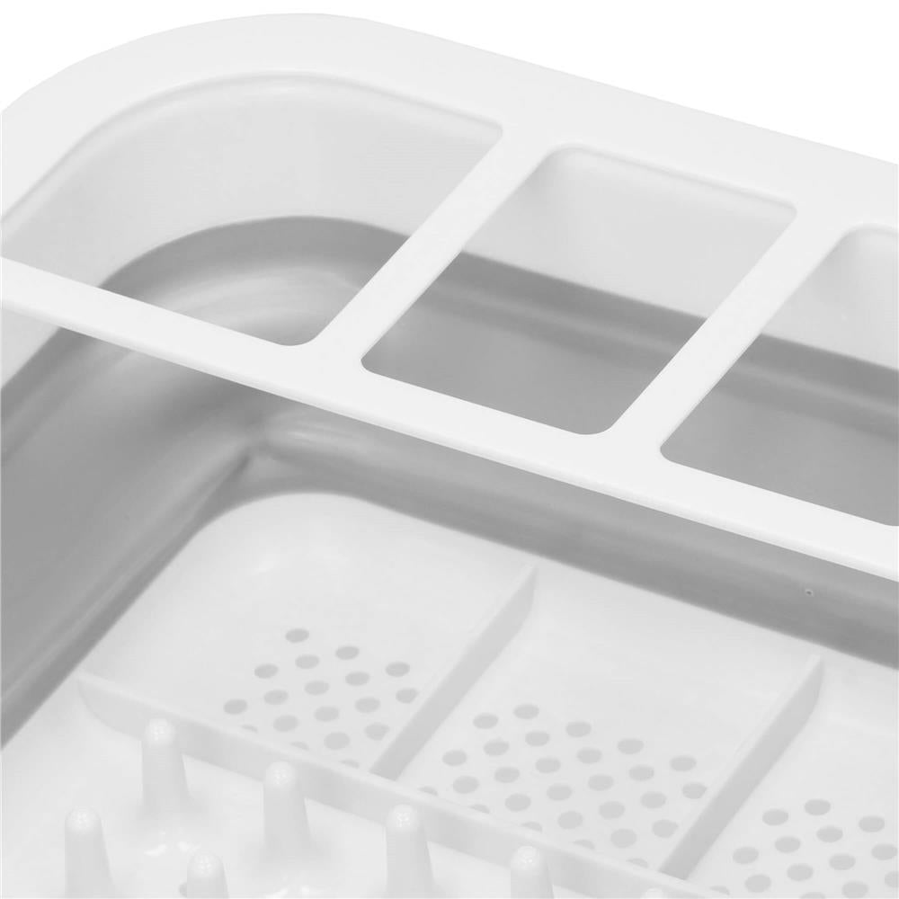 Uscator de vase pliabil, din pastic si silicon, 36x31x12cm, suport tacamuri, alb si gri