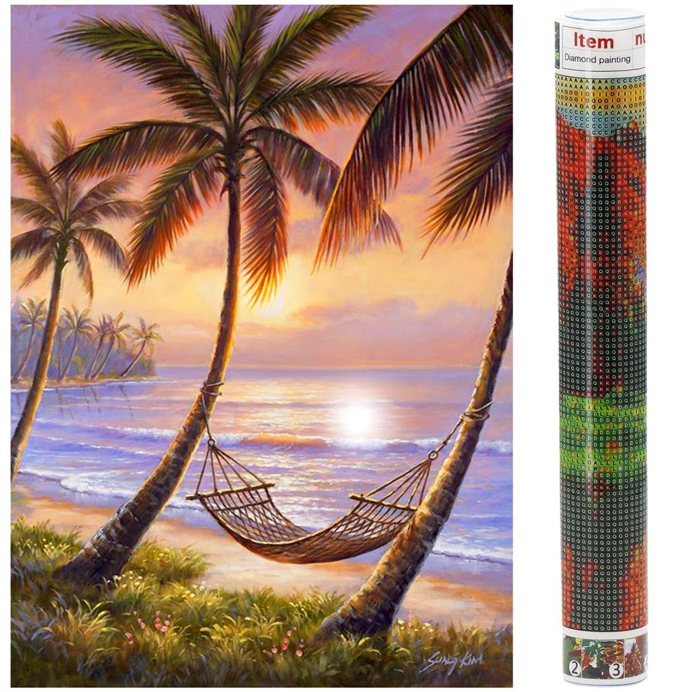 Set de broderie cu diamante 5D, 30x40cm, model Hamac pe plaja