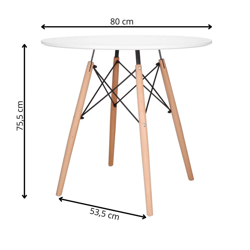 Masa dining bucatarie, rotunda, diametru 80 cm, inaltime 75 cm, Blat MDF, Picioare lemn, Alb