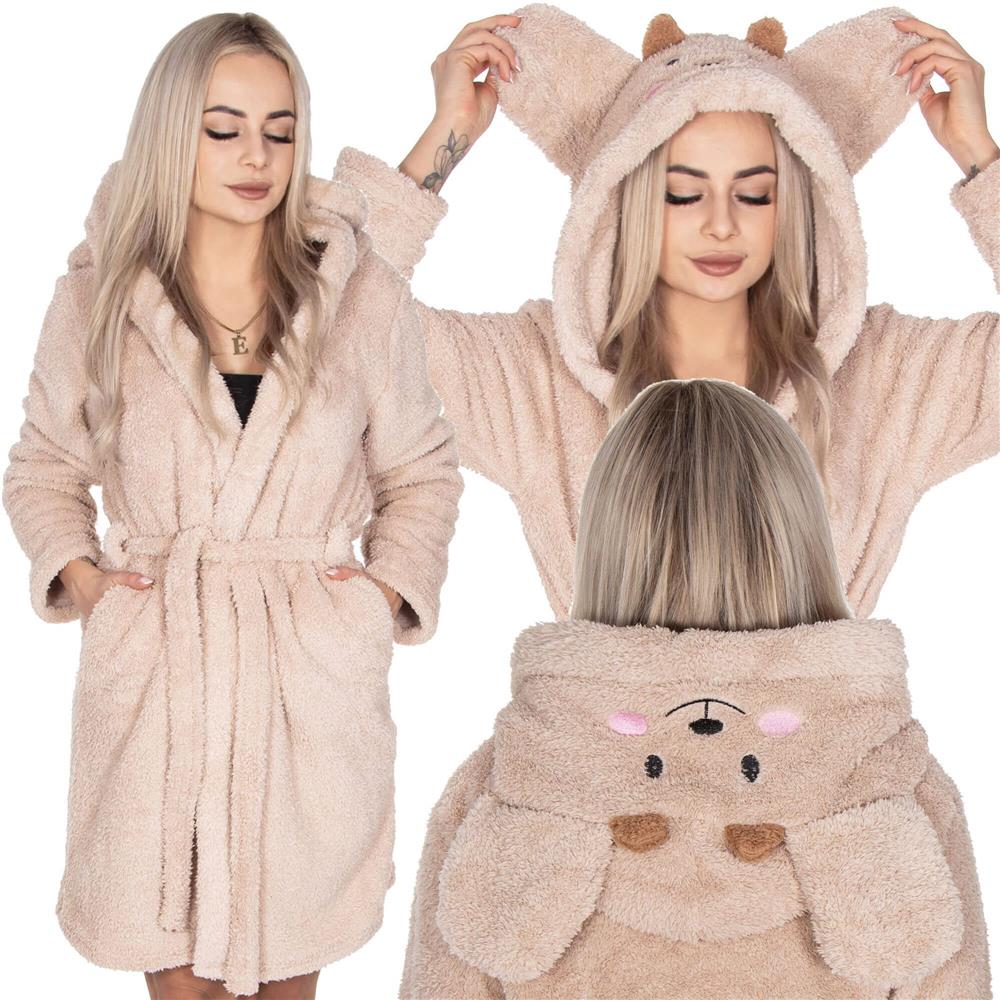 Halat de baie pentru femei pana la genunchi, gluga cu urechi , marimea L/XL, bej