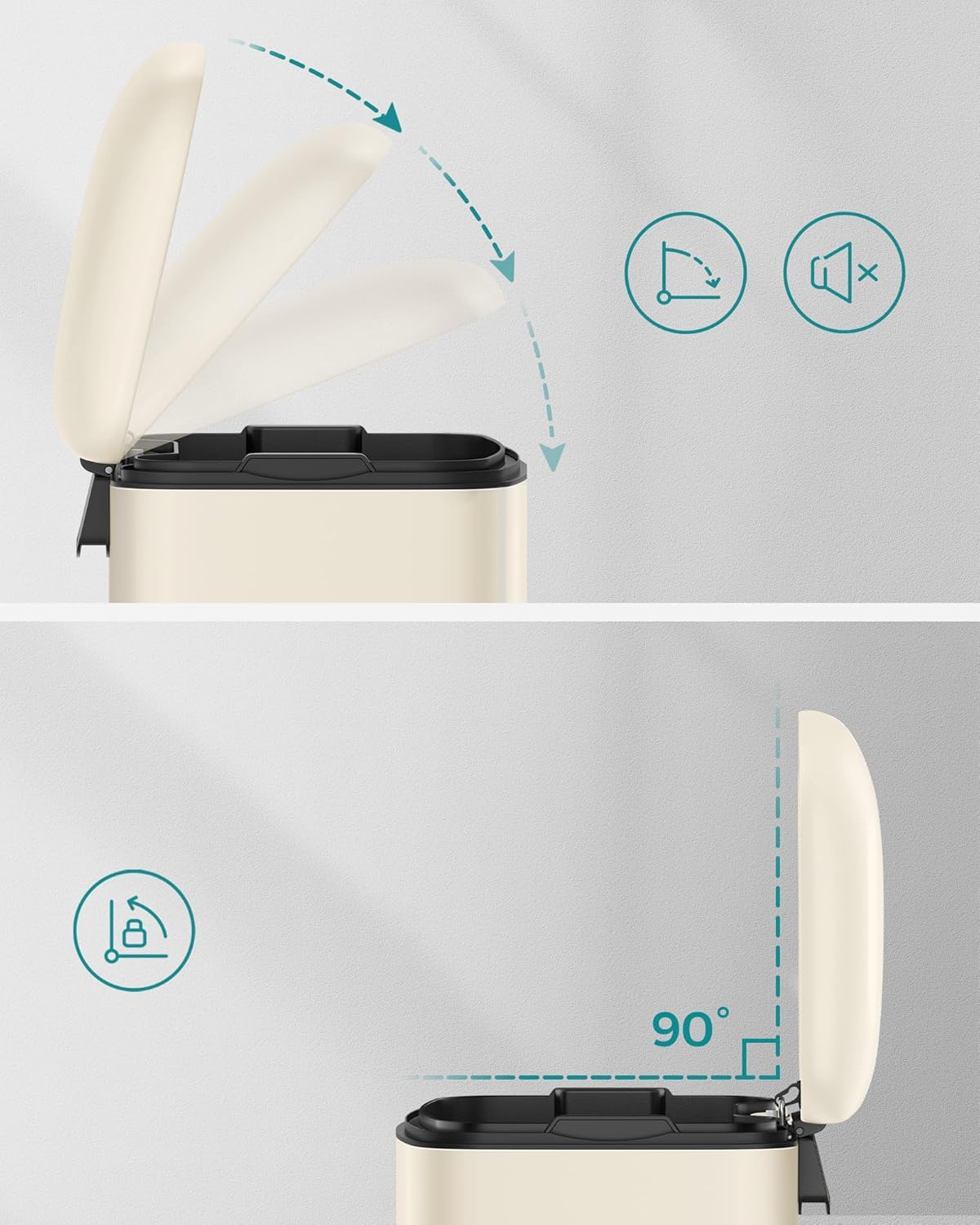 SONGMICS Cos de gunoi din otel cu pedala, 30litri, cu galeata interioara si capac, soft close, 34x61x25 cm, bej