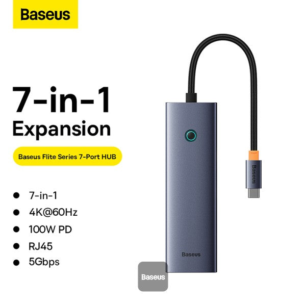 DOCKING STATION Baseus UltraJoy 7 in 1, input USB Type-C, output HDMI4K@60Hz x 1, USB3.0 x 2, PD x 1, card reader SD/micro SD x 1, RJ45 x 1, gri 