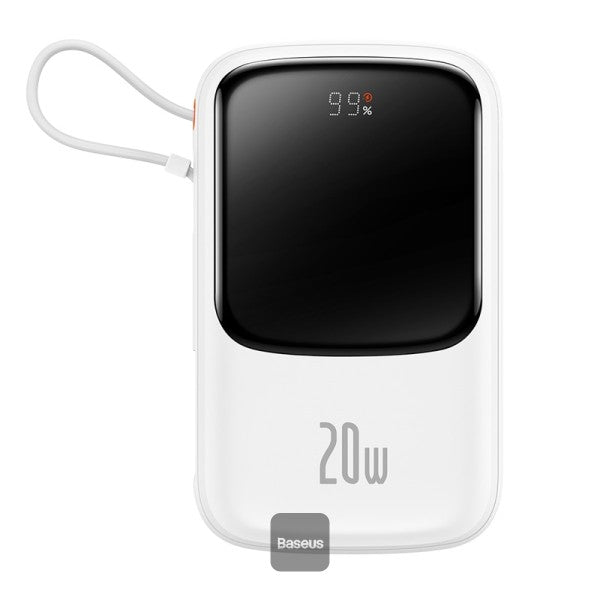 POWER BANK Baseus Qpow Pro Digital Display, 10000mAh, 20W, 1 x cablu integrat Iphone Lightning output, 1 x USB, 1 x USB Type-C, alb "PPQD060002" - 6932172620592