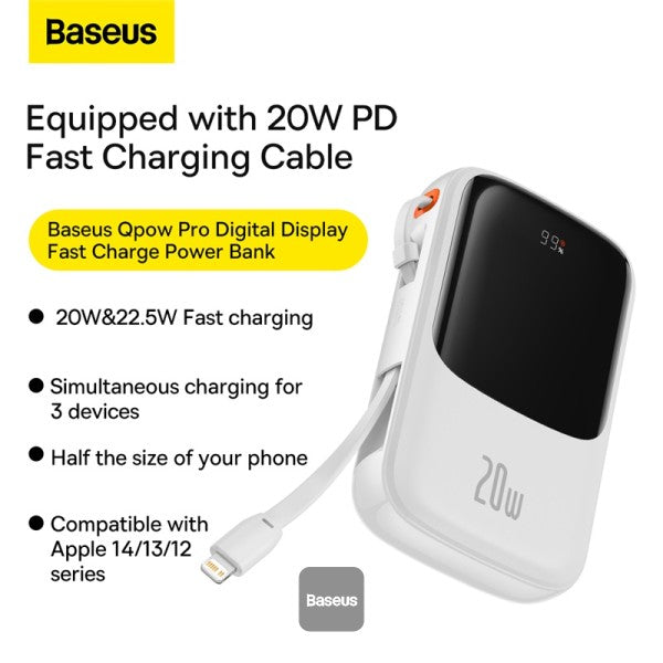 POWER BANK Baseus Qpow Pro Digital Display, 10000mAh, 20W, 1 x cablu integrat Iphone Lightning output, 1 x USB, 1 x USB Type-C, alb "PPQD060002" - 6932172620592