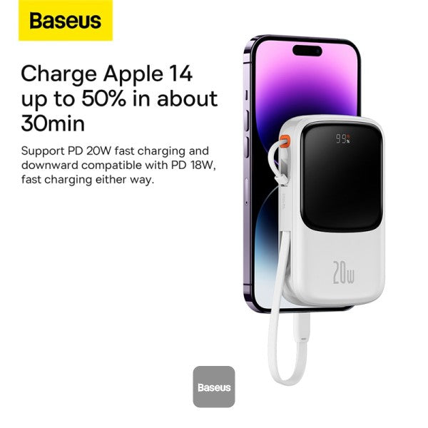 POWER BANK Baseus Qpow Pro Digital Display, 10000mAh, 20W, 1 x cablu integrat Iphone Lightning output, 1 x USB, 1 x USB Type-C, alb "PPQD060002" - 6932172620592