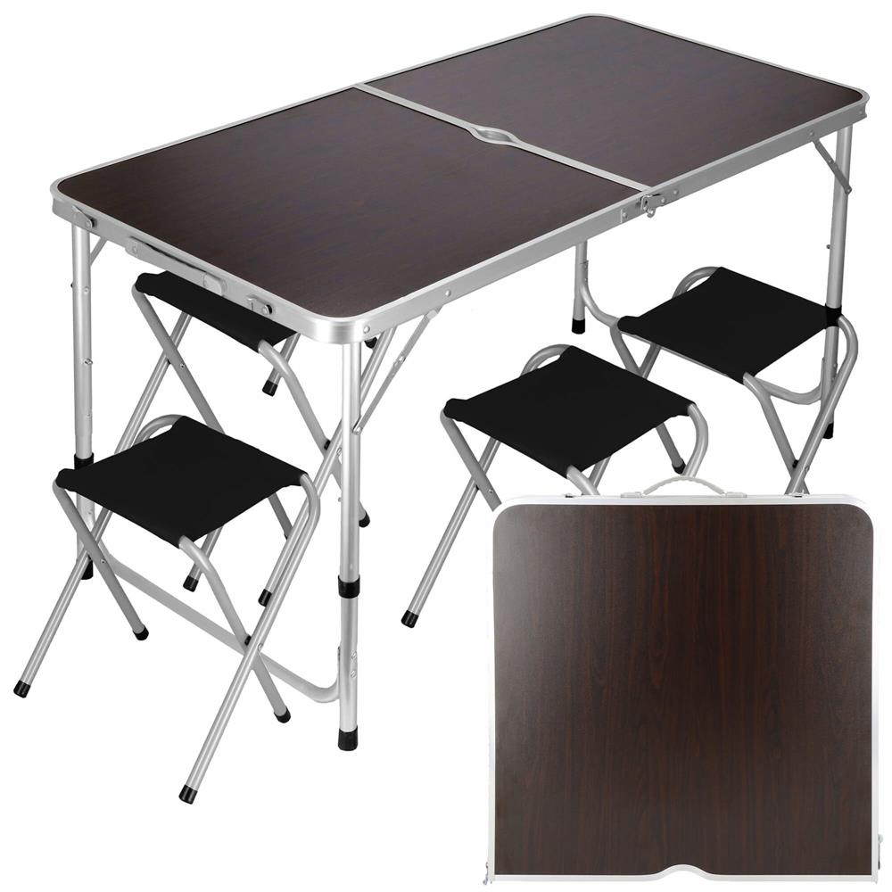 Set masa camping pliabila blat MDF cu 4 scaune, 120x60x60/70cm, Maro Negru