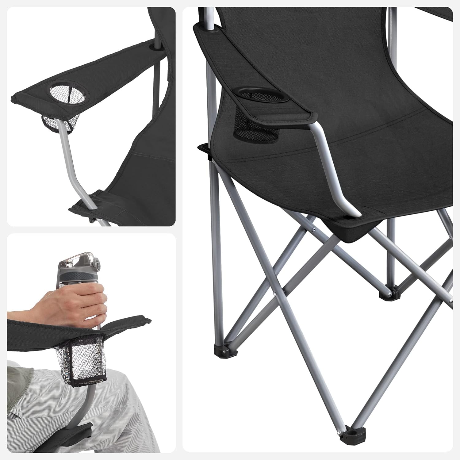 SONGMICS Set 2 scaune pliabile de camping sau pescuit, suport pahar, maxim 150kg, negru
