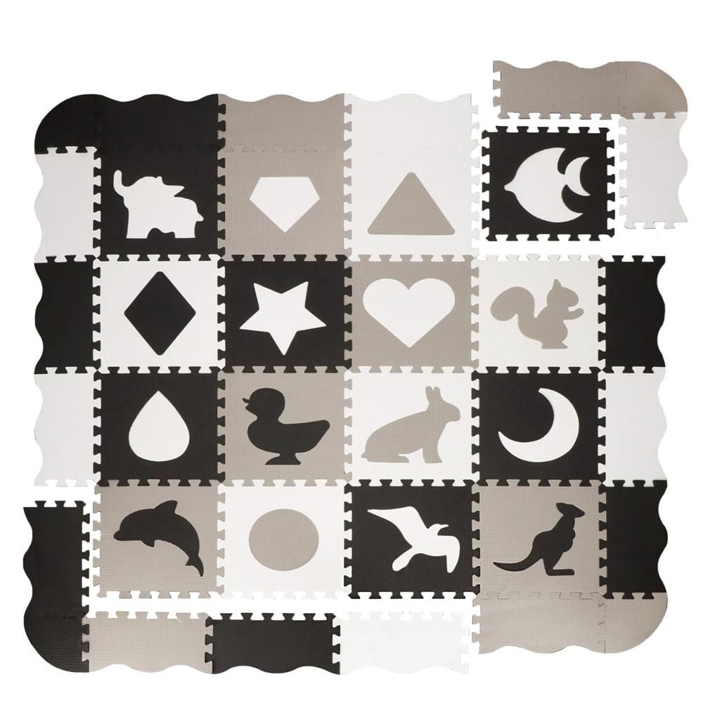 Covor din spuma pentru copii, tip puzzle animale, 52 piese, termoizolant, 150x150 cm, gri negru